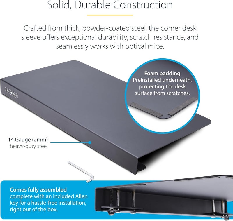 Star Tech .com Clamp-On Steel Desk Corner Sleeve for L-Shaped/Corner Desk, for 0.5-1.5in (12.7-38.1mm) Desks, Increase Space for Keyboard/Mouse, Desk Extender/Tray for Wooden/Steel Desks (DSKCRNRSLV) - Image 5